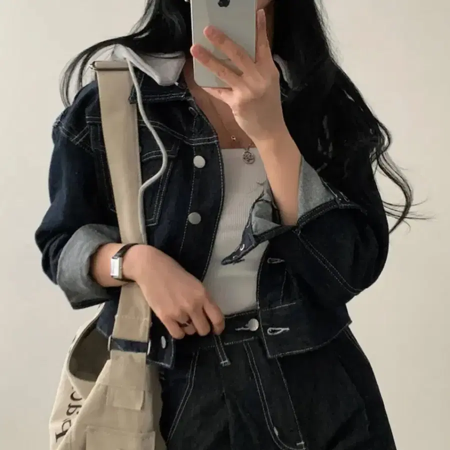 데님 후드 청자켓