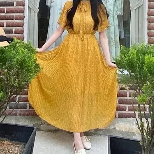 레트로문 옐로우 드레스 원피스