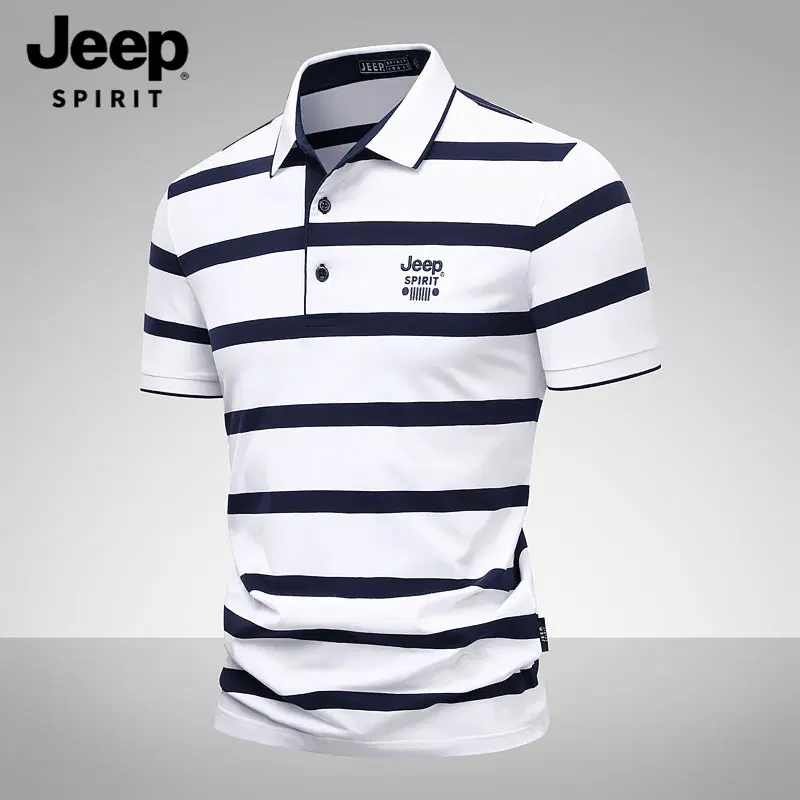 JEEP SPIRIT 남성 스트라이프 반팔 카라티 여름 폴로셔츠 캐주얼 데일리 티셔츠 화이트