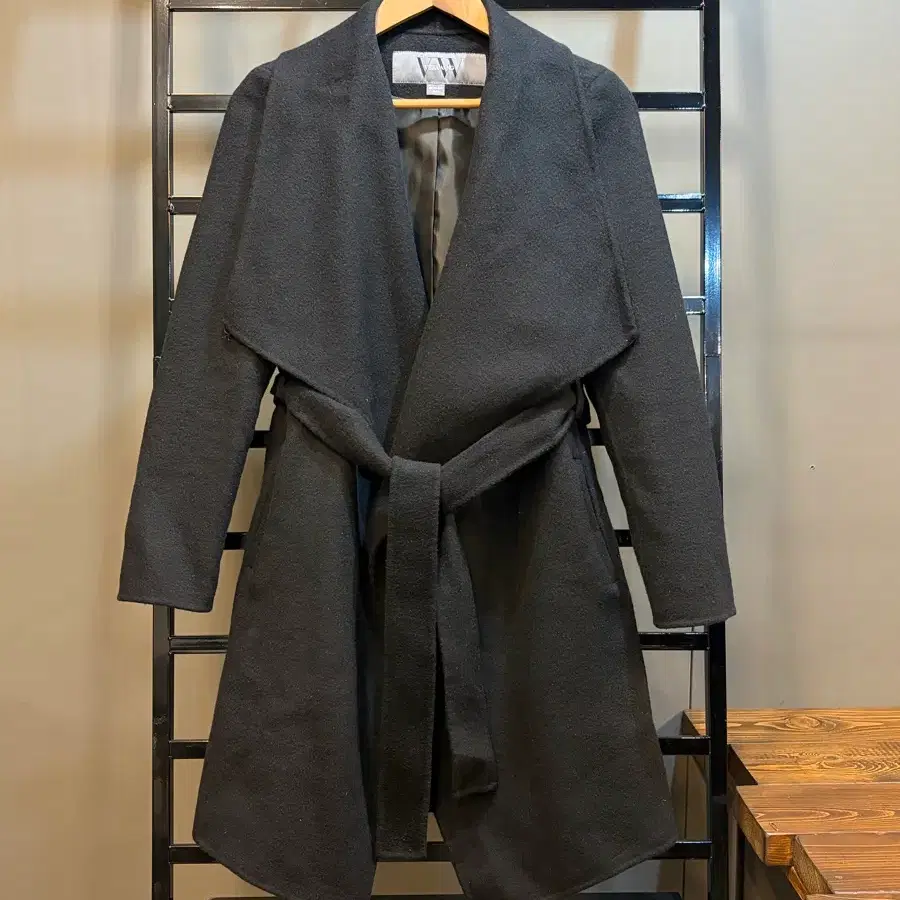 [66] 베라왕 VERA WANG 블랙 캐시미어 혼방 숄카라 벨트 코트 7.9