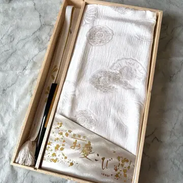 순수 실크 전통 예복 기모노용 허리띠, 오비 장식 천, 부채 세트, 국화 문양, 화이트 베이스, 금실, 리버서블