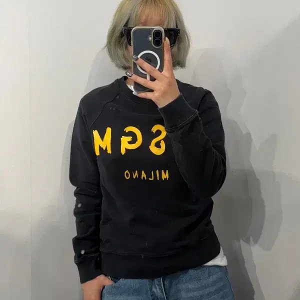 S MSGM 브러시드 로고 코튼 크루넥 스웨트셔츠