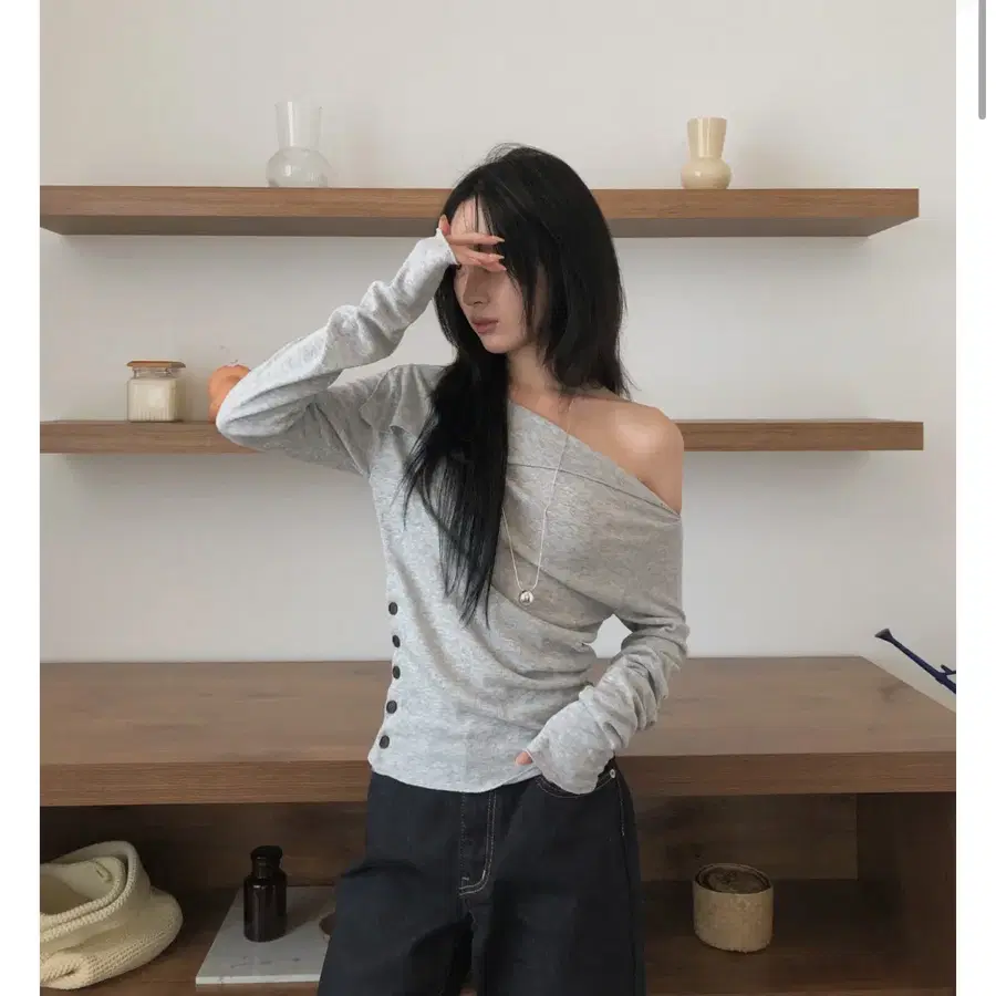 그리니 루츠 투웨이 오프숄더 트임 티셔츠