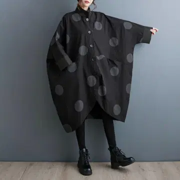 블랙 물방울 패턴 도트 모드 롱 코트 루즈핏