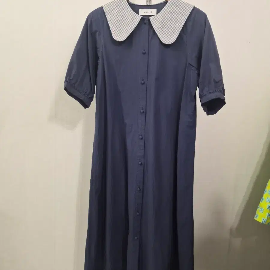 체크 세일러 카라 네이비 콩단추 롱원피스