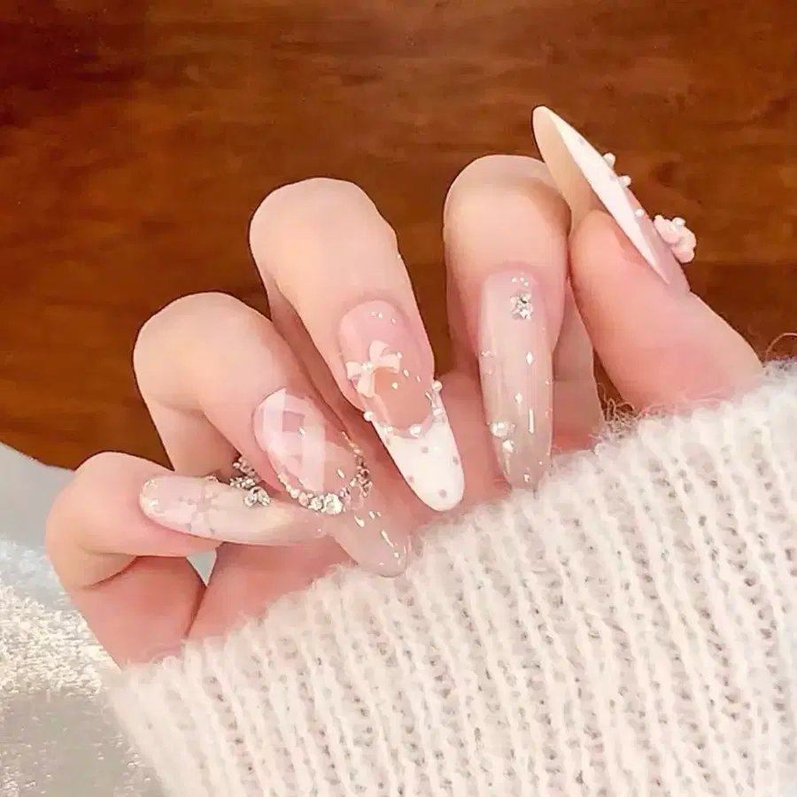 핑크 리본 진주 네일팁