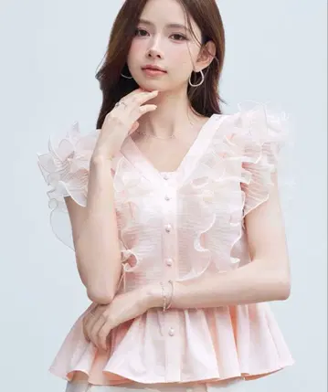 세존드파피용 프릴 슬리브리스 블라우스 페일 핑크