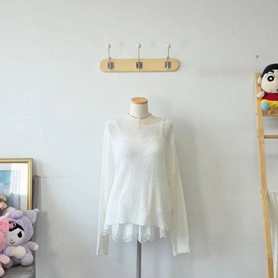 빈티지 만원샵 아이보리 라운드 그물 니트
