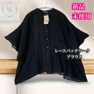 사만사 모스모스 미사용 새상품 레이스 패치워크 블라우스 튜닉 블랙 면린넨