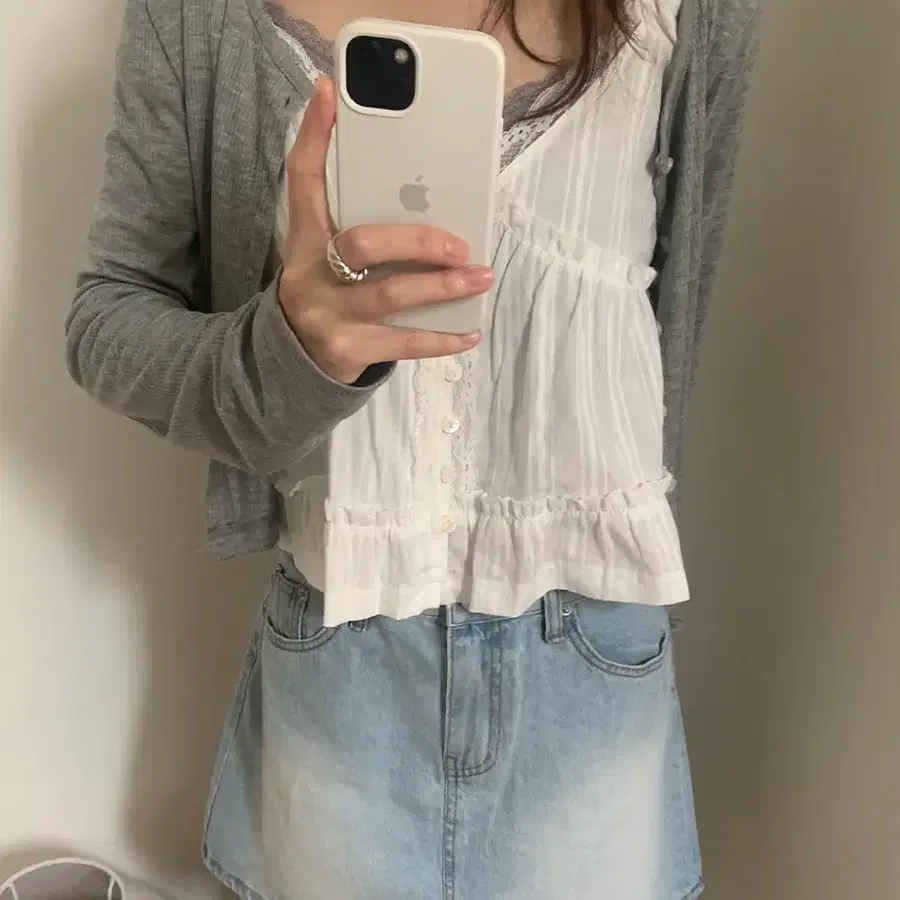 나이니 슈어럽 찰랑 레이어드 여리핏 골지 가디건 티셔츠 그레이