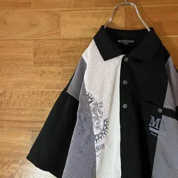 패턴 셔츠 피케 셔츠 자수 로고 절개 스트라이프 하프 버튼 블랙 화이트 L~XL