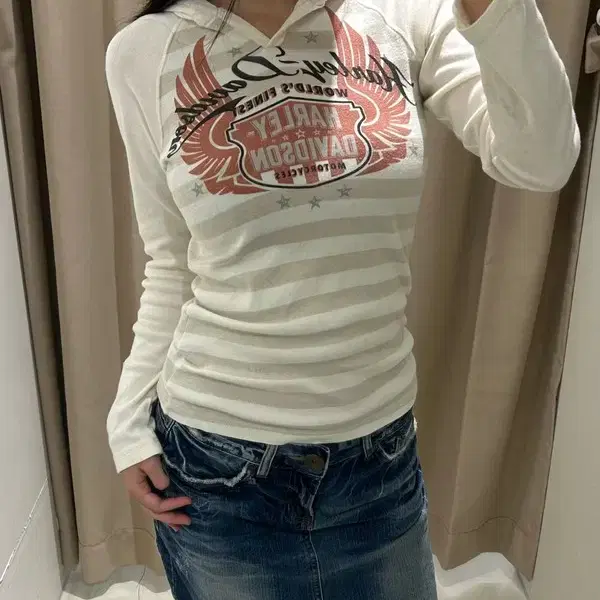 할리데이비슨 Y2K 프론트 스트라이프 후드티 R2872