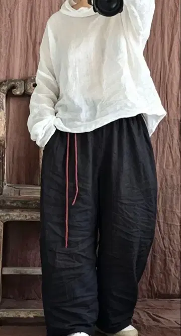 소박 심플 린넨 와이드 팬츠 루즈핏 허리밴딩 블랙
