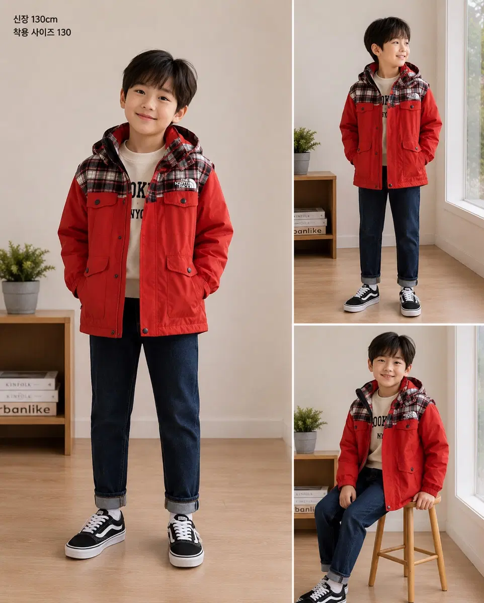 130사이즈 노스페이스 키즈 후드 바람막이 간절기점퍼 체크레드 정품