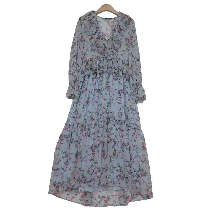 ZARA 자라 하늘색 플라워 프릴 쉬폰 롱원피스 M