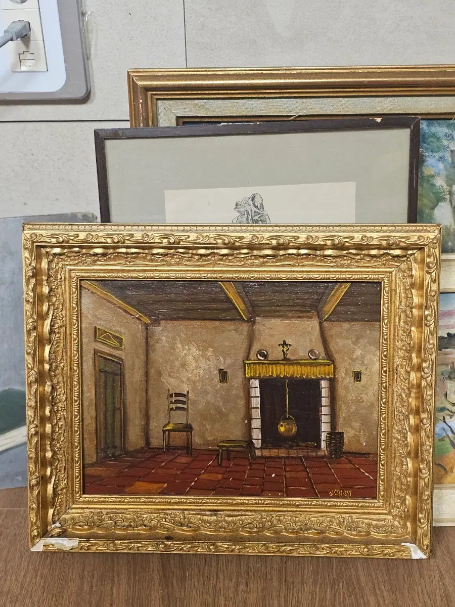 앤틱 유화 그림 실내 풍경 금장 프레임