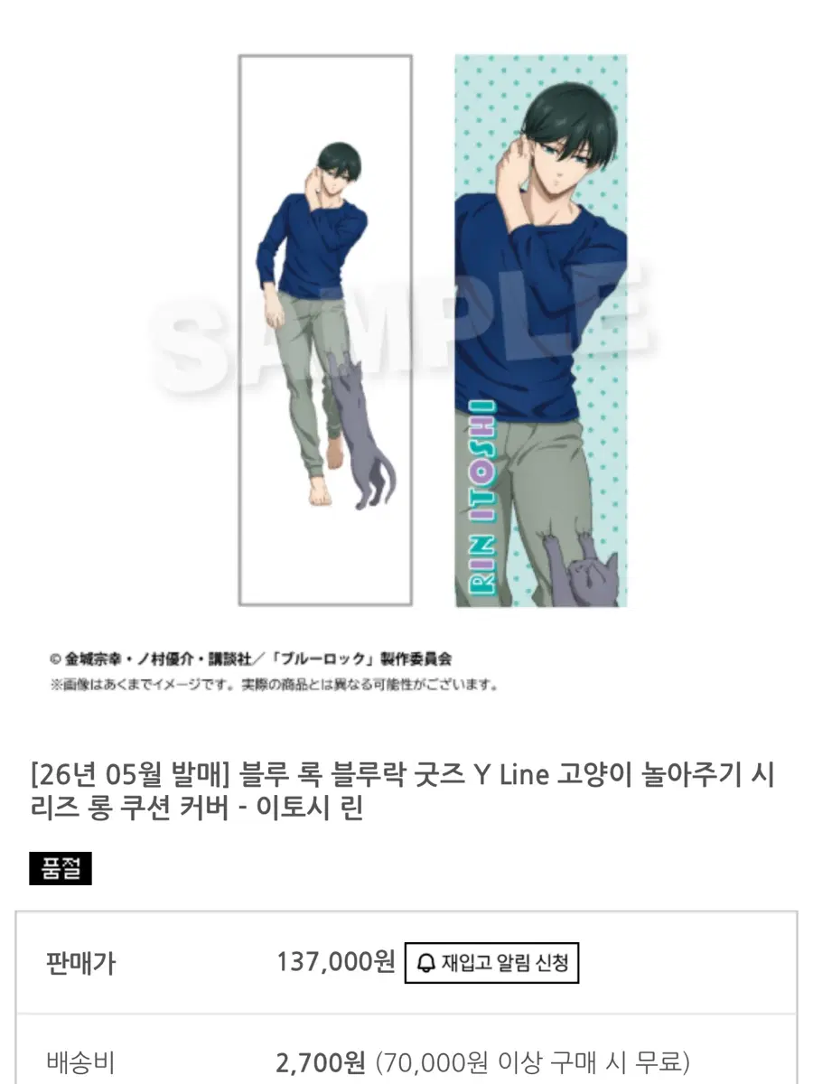 구해요)블루록 락 굿즈 고양이 놀아주기 시리즈 롱쿠션 커버 이토시 린