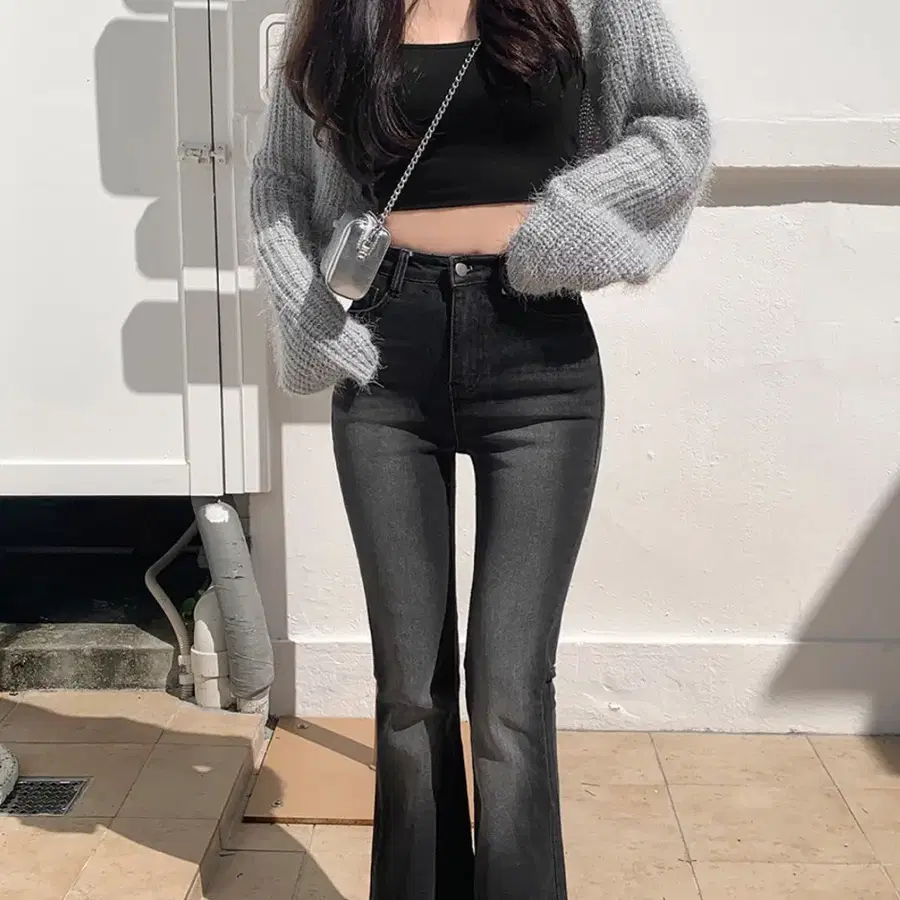 소녀레시피 하이라이트 워싱 롱 부츠컷 데님 팬츠 m/아담 흑청