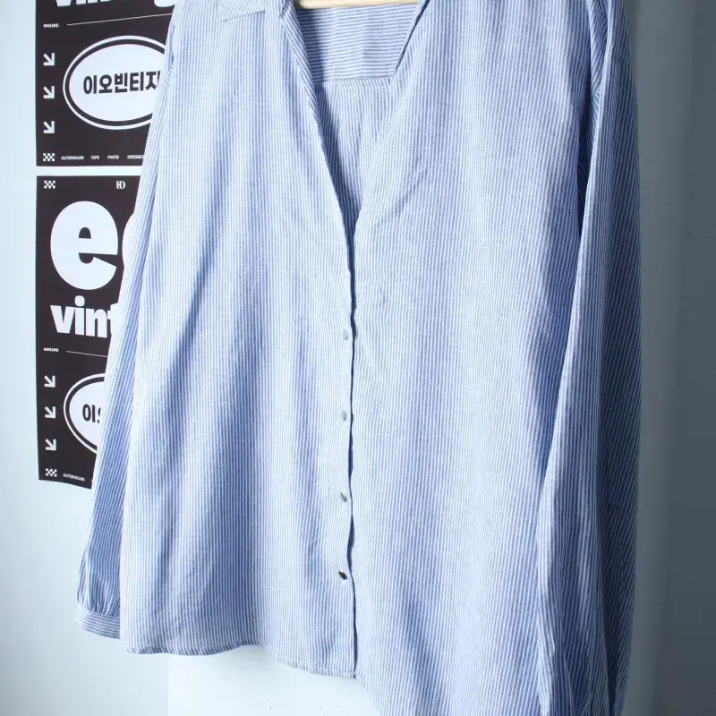 W(M-XL) 자라 셔츠 남방 브이넥 연블루 스트라이프 마-H36887