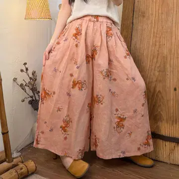 린넨 린넨 꽃무늬 프린트 와이드 팬츠 핑크 이지 팬츠