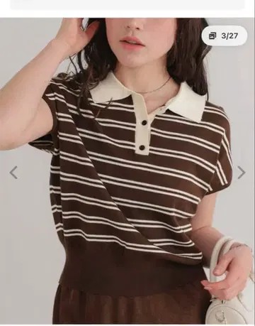 titivate 보더 무늬 반팔 폴로 니트 브라운