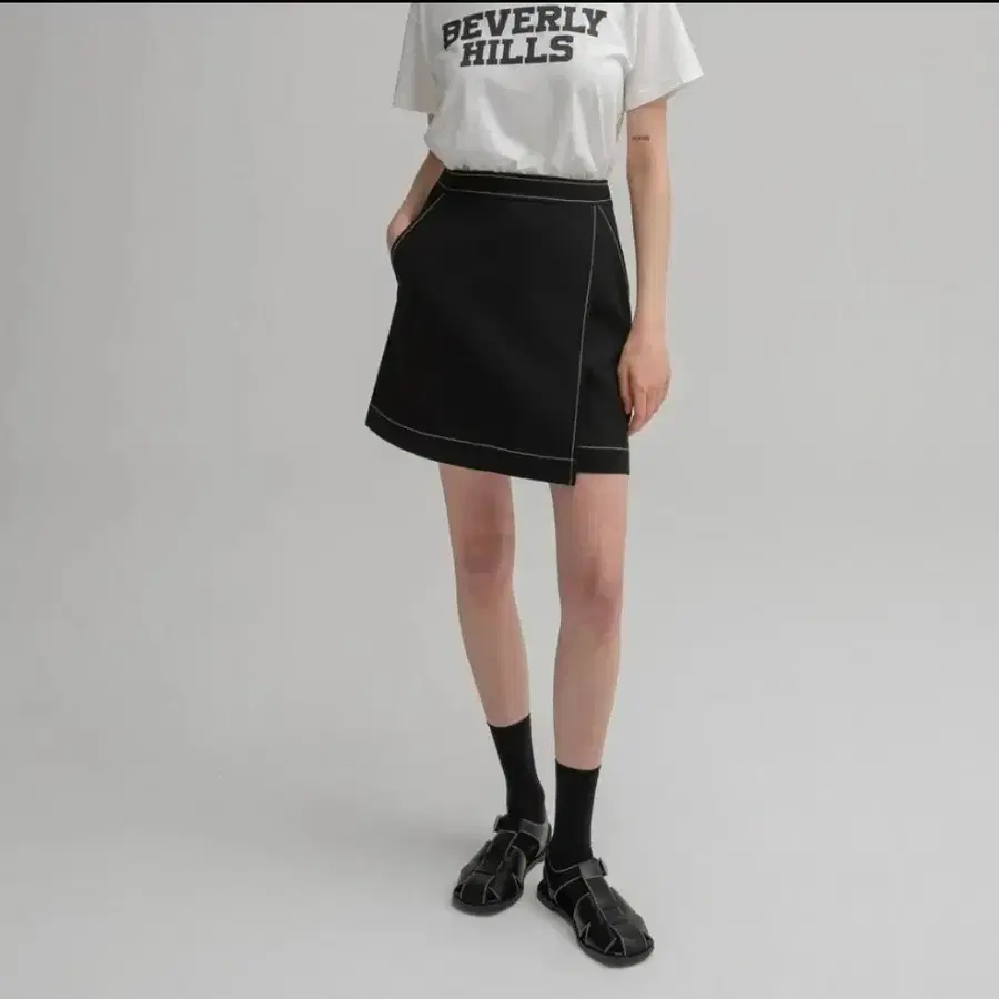 나인 더블스티치 랩 스커트 블랙M