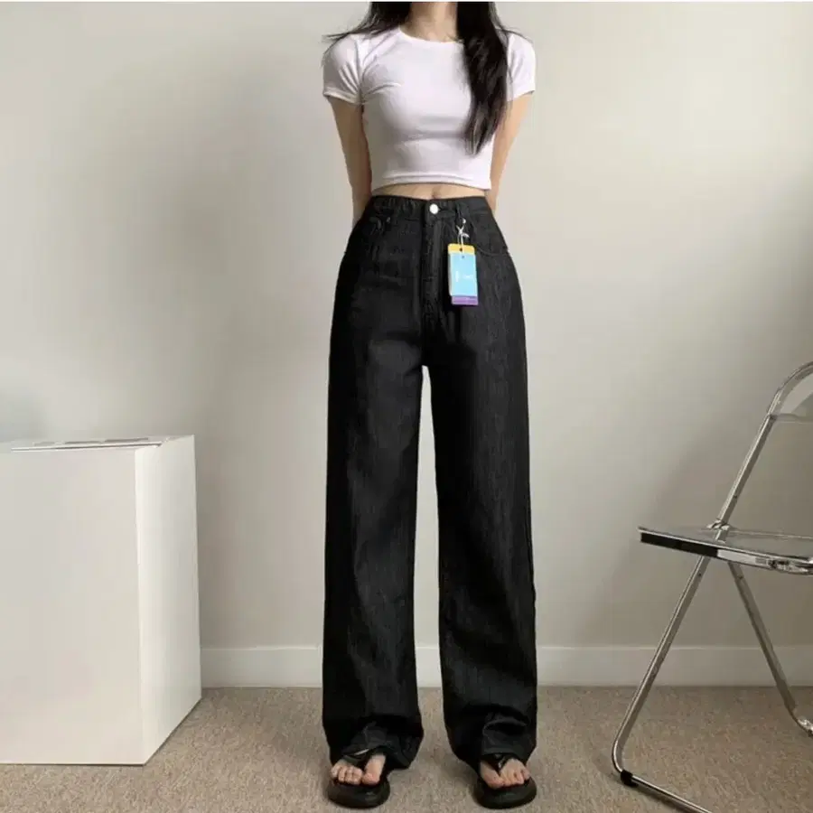 블랙 와이드 데님 팬츠