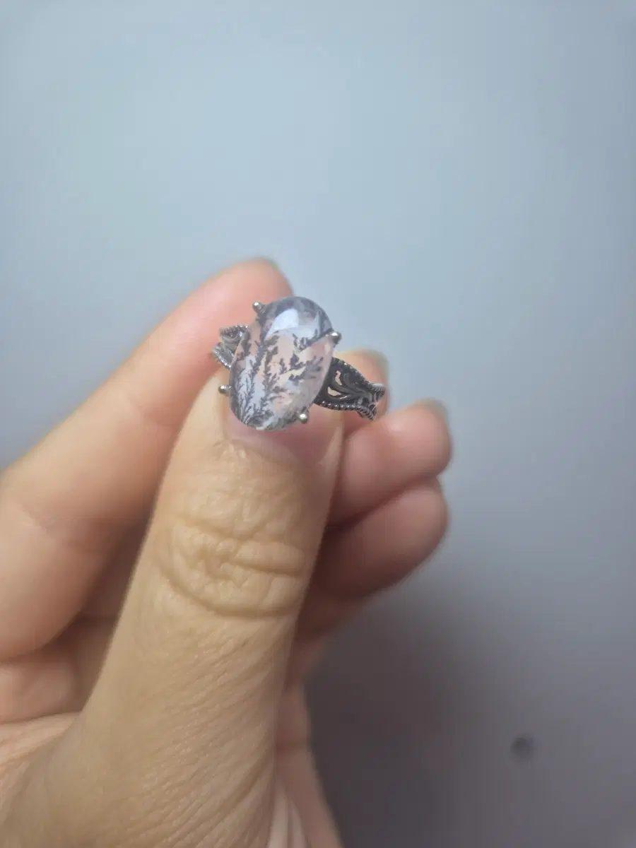 [Silver 925] 천연 덴드리틱 나무수정 은반지 엔틱 조절링