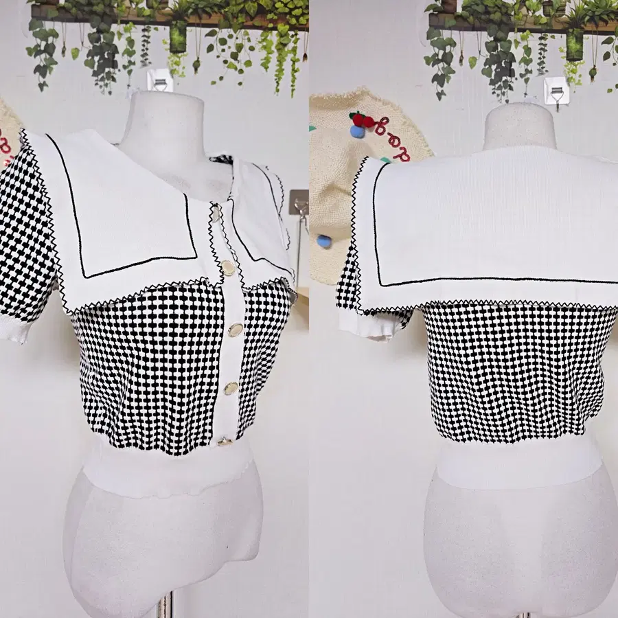스퀘어 세일러카라 반팔니트 55 66 크롭가디건 여름 블랙체크
