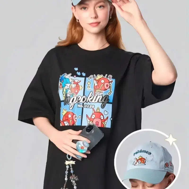 포켓몬 무릉도원 잉어킹 INGEOKING T-shirt 티셔츠(블랙) & 볼캡 세트. 모자&티셔츠
