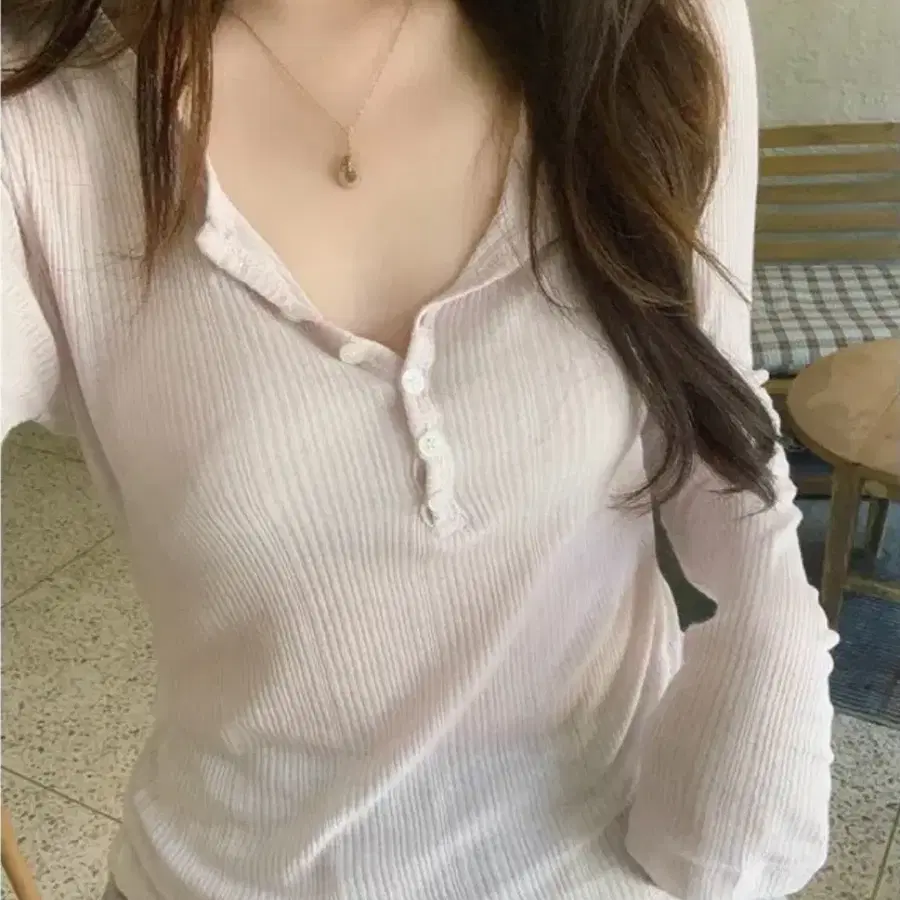 (새상품) 마인느 헨리넥 텐셀 시스루 긴팔티 살안타템 가디건