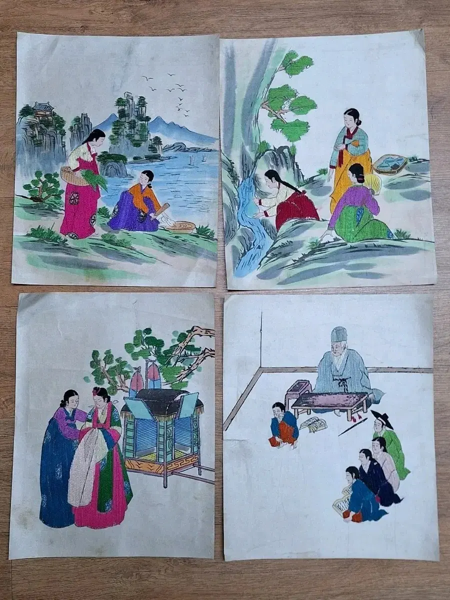 근대사 수집 자료 옛날 민속품 전통 손 자수 병품 4폭