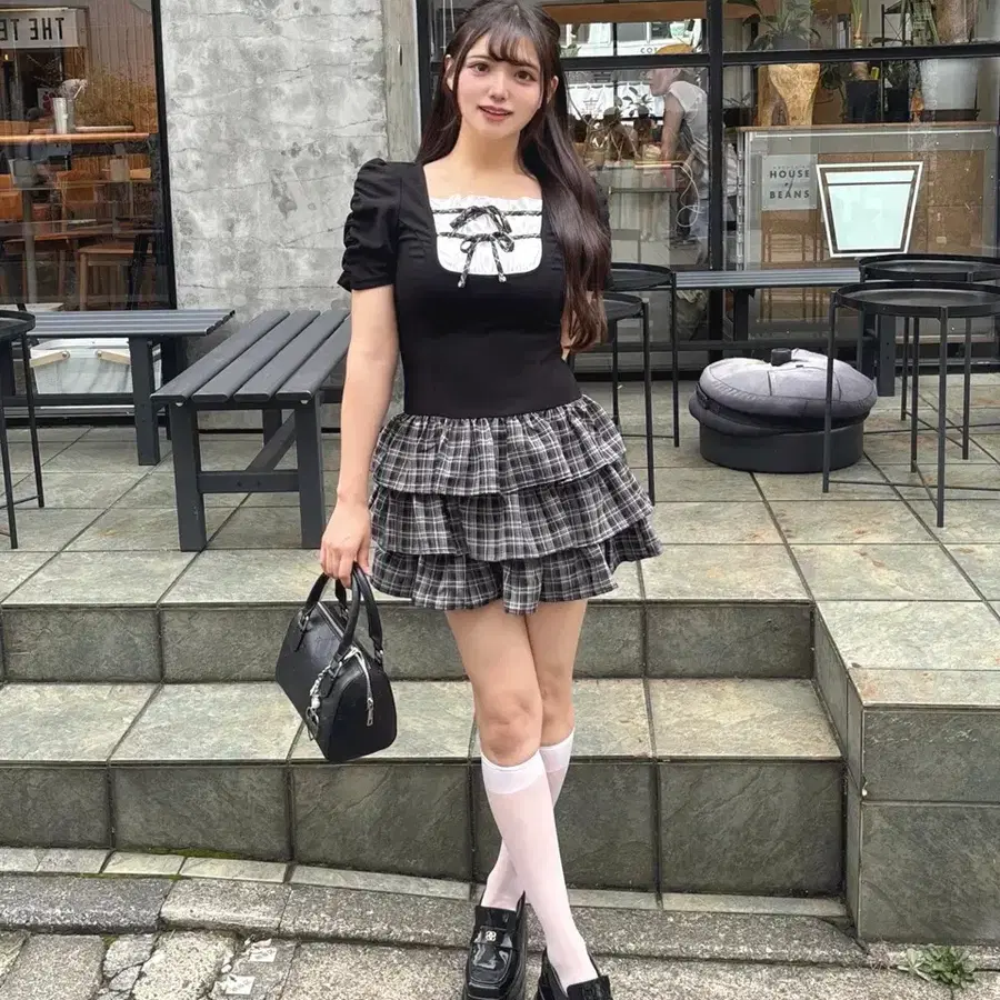 에블린 evelyn 3단 티어드 리브 반팔 원피스