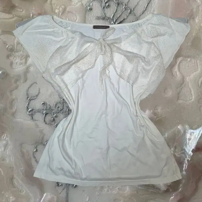 일본 빈티지 모리걸 로걀탑 리본 블라우스 글리터 화이트 천사핏 갸루