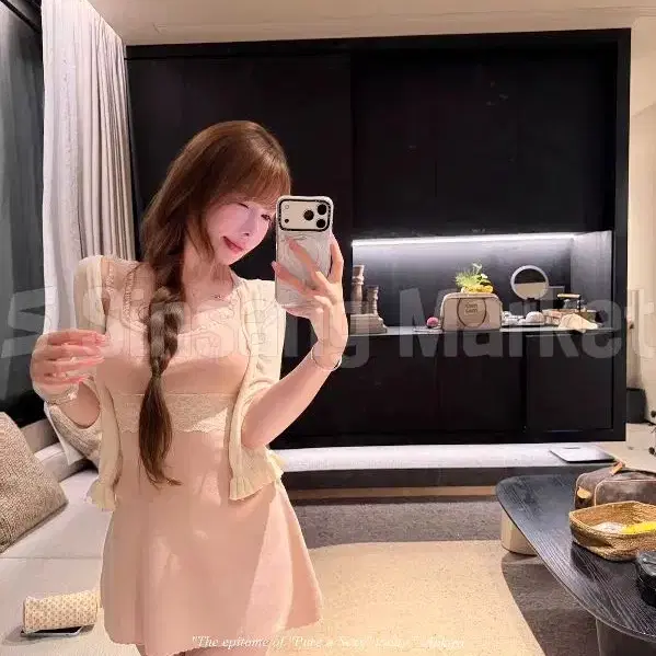 [빠른발송] 피치 레이스 프릴 세트 가디건 원피스