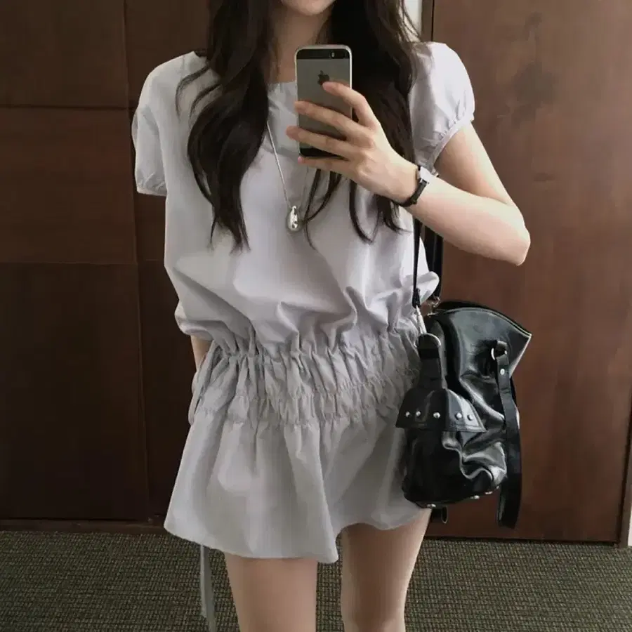 연그레이 셔링 레이어드 블라우스 반팔 퍼프 원피스 영앤리치 모디무드 에이블리