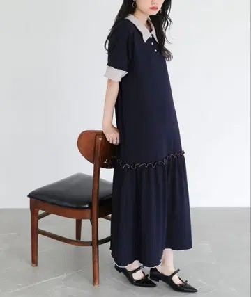 와이드 리브 배색 폴로 원피스