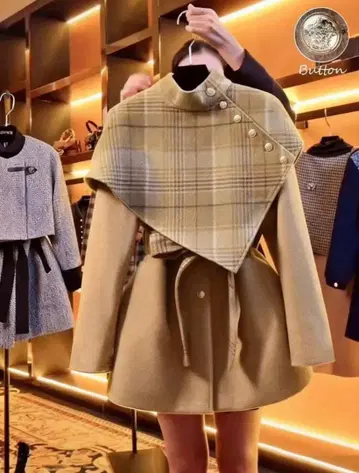 체크 무늬 케이프 부착 코트 베이지 L XXL