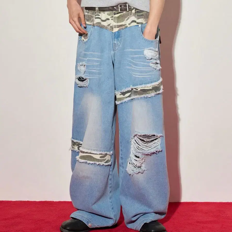 루저스클럽 카모 믹스 데미지 와이드 데님 팬츠 청바지 M