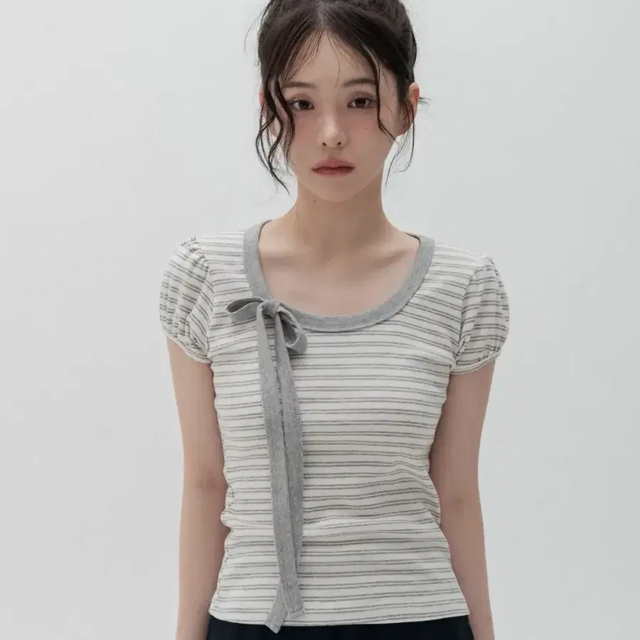 하이스쿨디스코 스트라이프 리본 퍼프소매 숏슬리브 메란지그레이