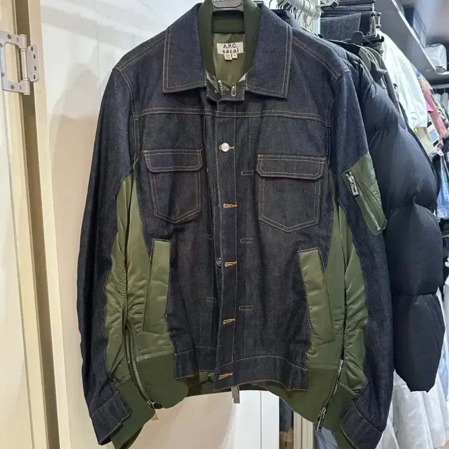 [M]A.P.C. & 사카이 데님 카키 봄버 믹스 트러커 자켓