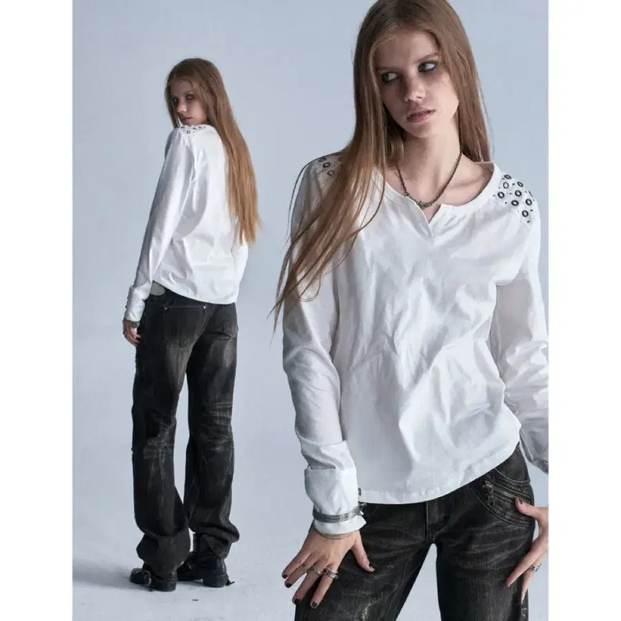 wearAndtear 티셔츠 긴팔티 슬림핏 화이트 펑크 긴팔 티셔츠