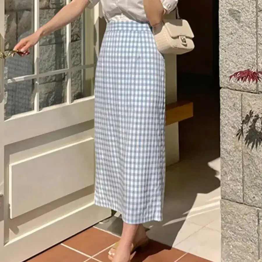 브라운 체크 무늬 롱 스커트 치마