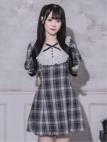 pium 코튼 레이스 도리 카페 원피스 블랙 체크