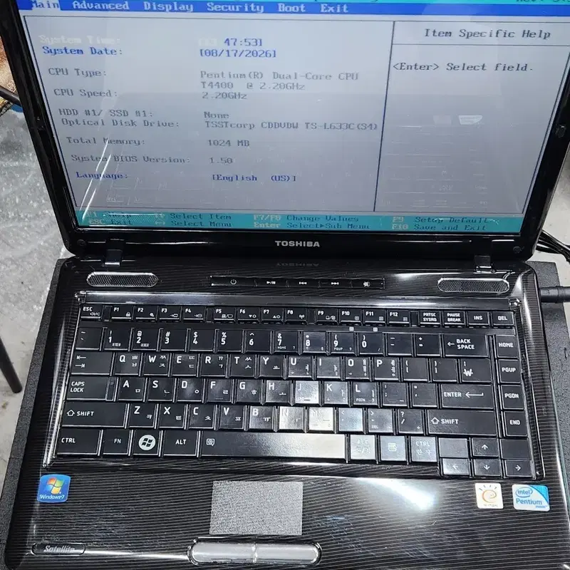 부품용 도시바 노트북 듀얼코어 T4400 판매합니다.