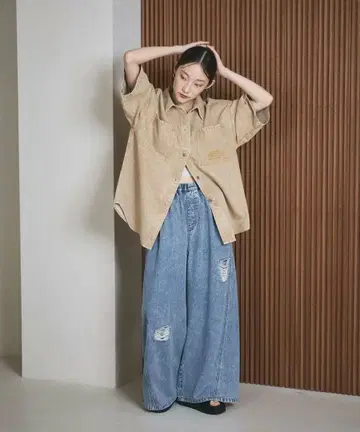 LEPSIM 이지 데님 팬츠 케미컬 블루 데미지