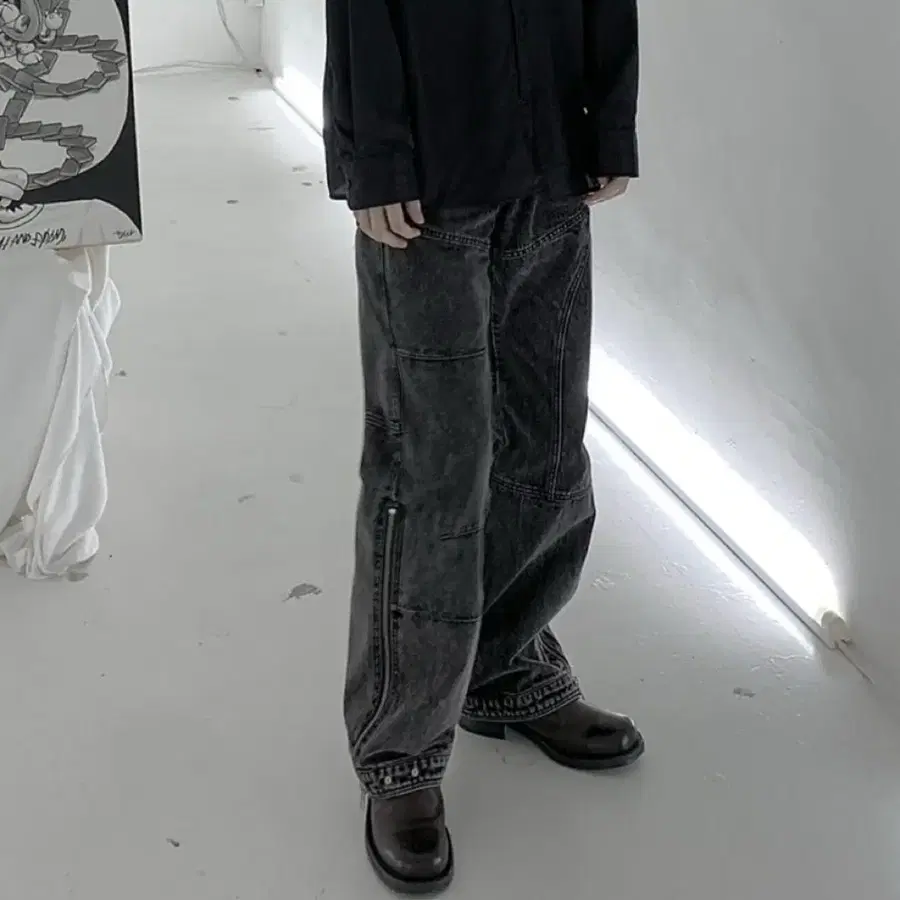 앤더슨벨 와이드 레그 지퍼진 M 흑청