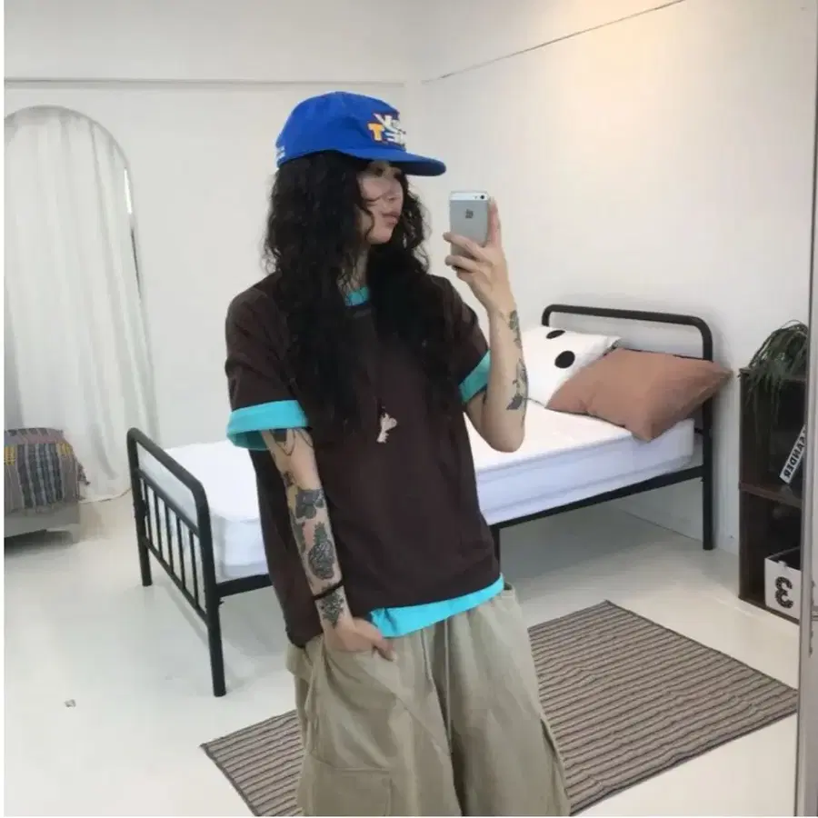 에이블리 키도 민트 블루 무지 스티치 레이어드 반팔티