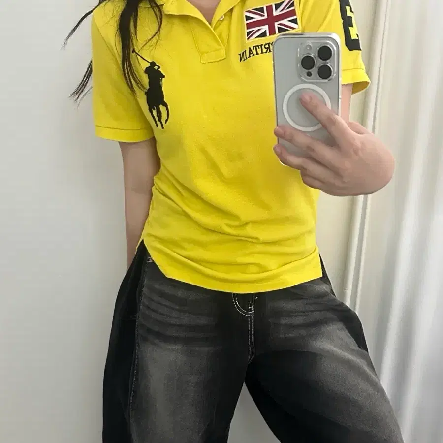 폴로 랄프로렌 옐로우/블랙 브리튼 빅포니 카라티셔츠