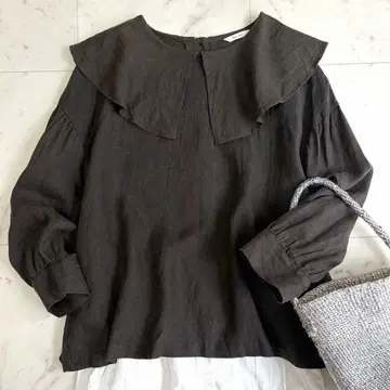 새상품급 bulbul 빅 프릴 칼라 린넨 100% 블라우스 브라운